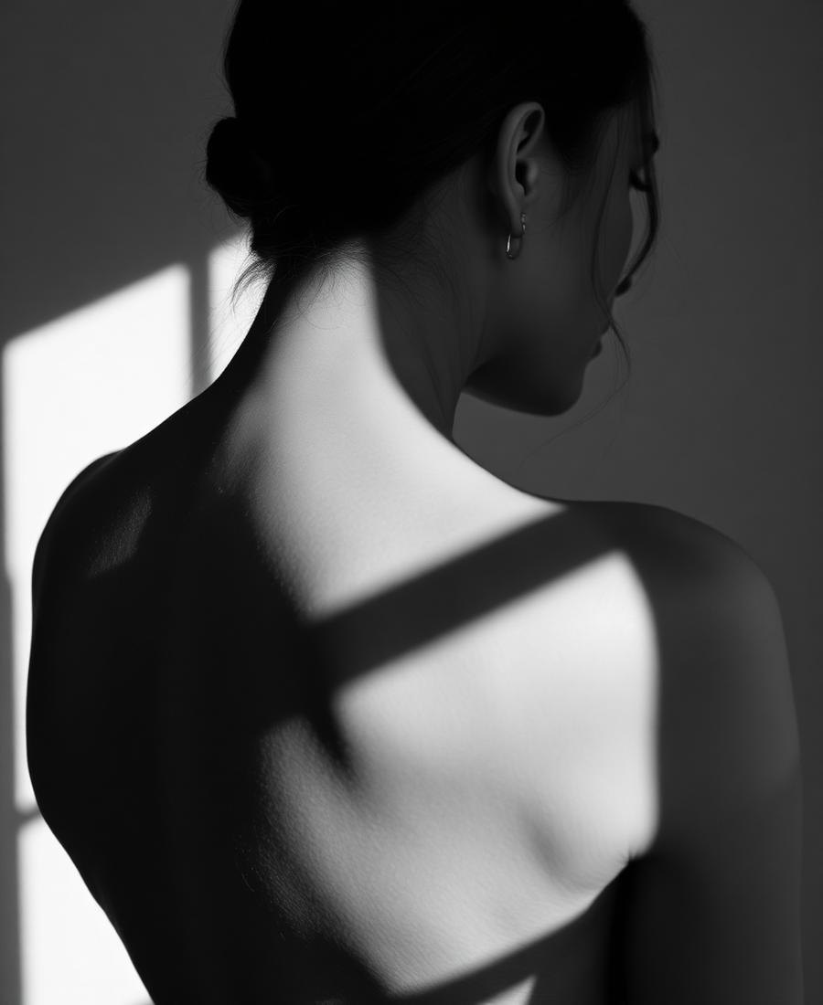 Fotografia editorial em preto e branco representando cirurgia de mama