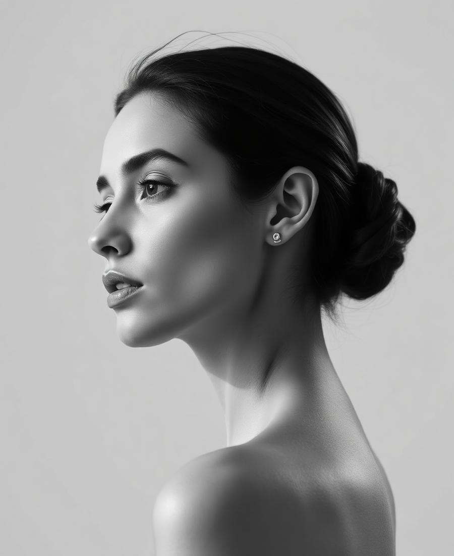 Perfil facial feminino em fotografia elegante representando cirurgias faciais e estéticas